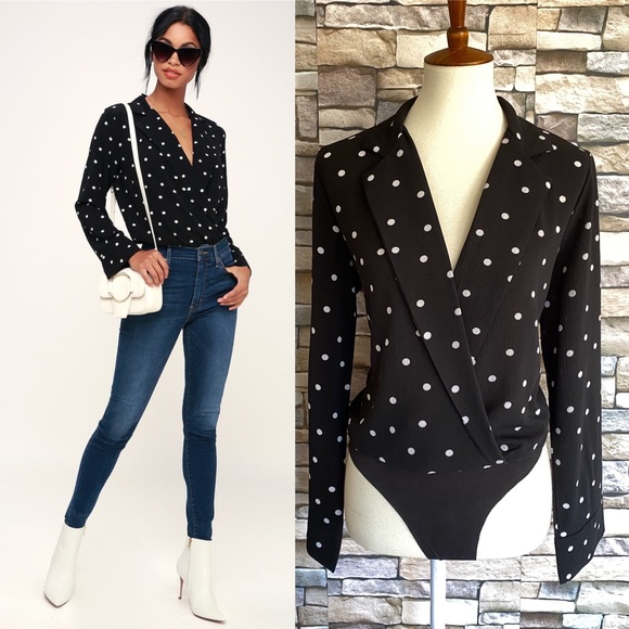 Lush Tops - Lush Polka Dot Long Sleeve Surplice Bodysuit M